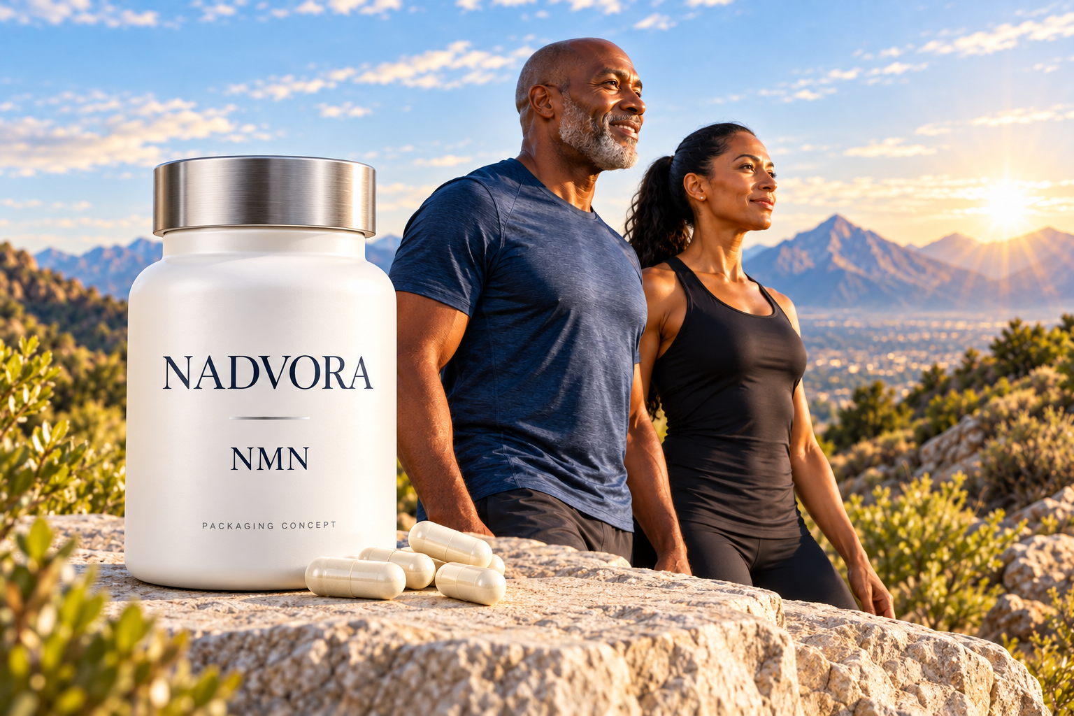 NADVORA NMN bottle and capsules with a Black couple on a sunlit mountain trail