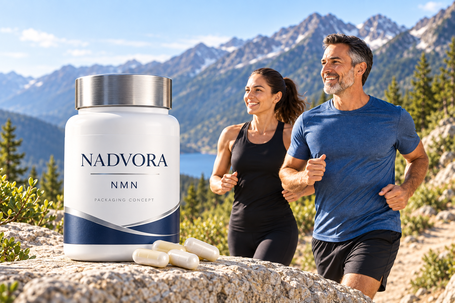 NADVORA NMN bottle and capsules with a Caucasian couple on a mountain trail