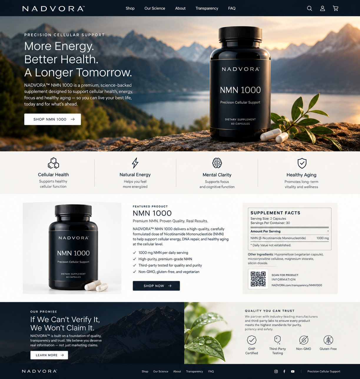 NADVORA NMN 1000 premium supplement website and packaging concept